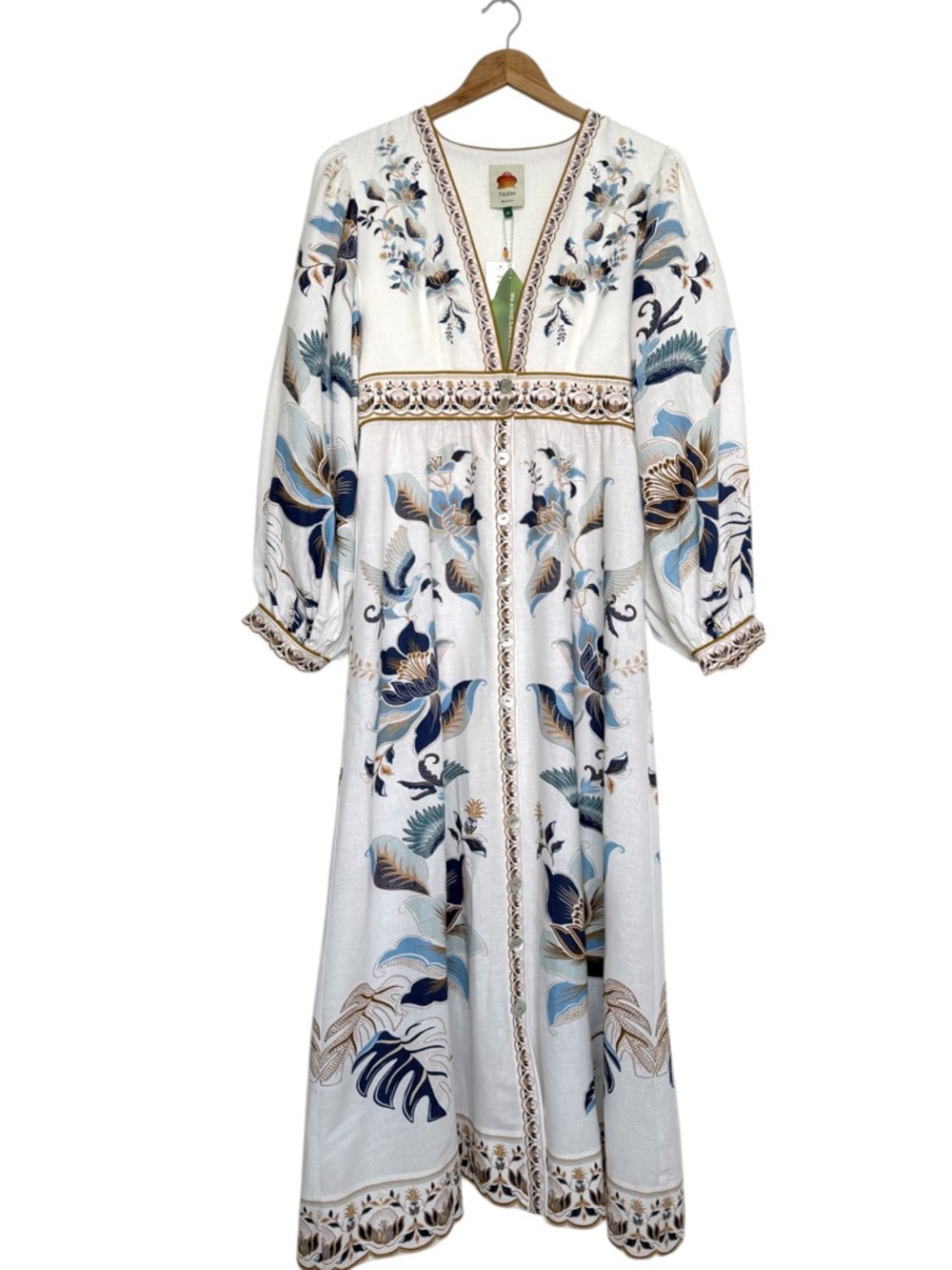 FARM Rio White Maxi Dress with Blue and Gold Floral Embroidery - Picture 7 of 16
